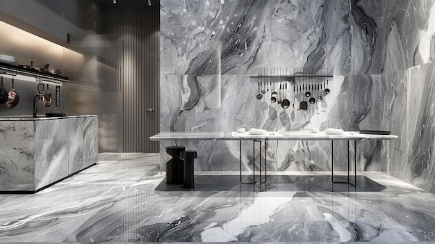 Foto angenehmer essbereich mit boden- und wanddekoration aus grauem marmor generative ai