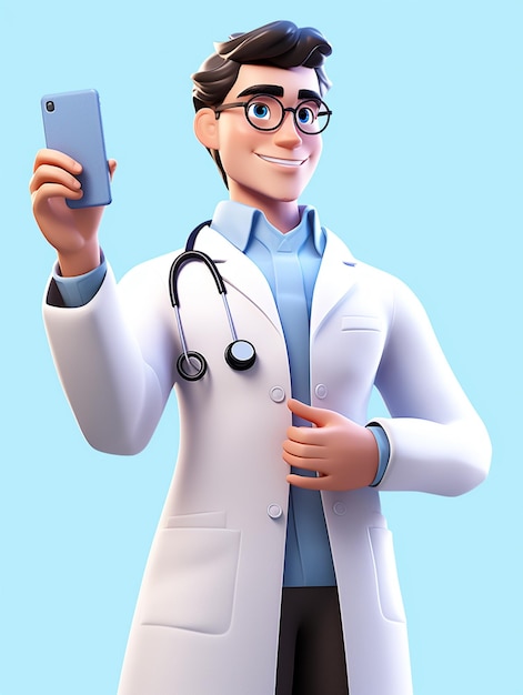 Angeschlagener männlicher Arzt hält ein Mobiltelefon und trägt ein Stethoskop