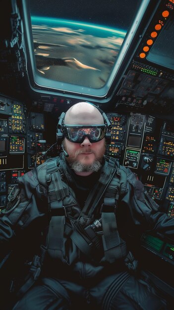 Angeschlagener Mann in einem Cockpit mit Schutzbrille und Schutzbrille auf generativer AI