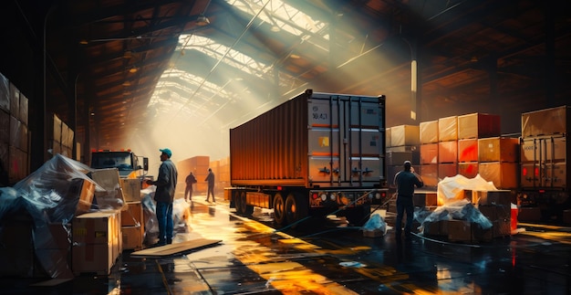 Angestellte laden Kisten in Lastwagen in einem Lager. Eine Gruppe von Männern steht neben einem Lastwagen.