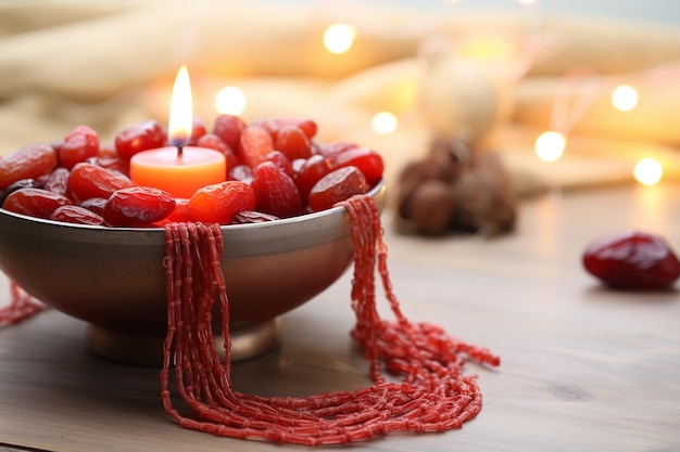 Angezündete Kerze mit einer Schüssel mit saftigen Datteln und roten Gebetsperlen auf weißem Holzhintergrund