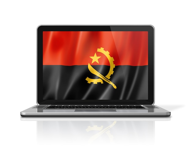 Angola-Flag auf Laptop-Bildschirm isoliert auf weiss. 3D-Darstellung rendern.