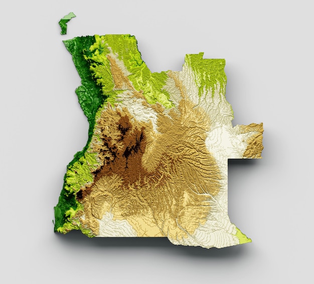Angola-Karte Schattiertes Relief Farbe Höhenkarte auf isoliertem Hintergrund 3D-Darstellung