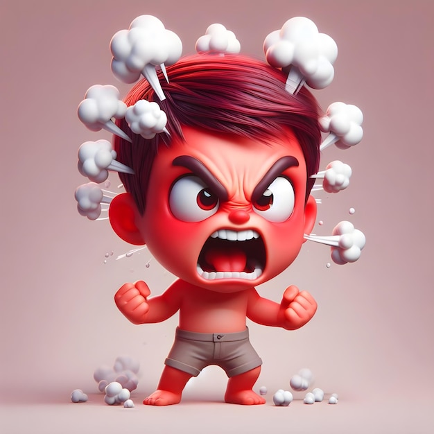 Foto angry animated boy with clenched fists and steamy ears expressing rage