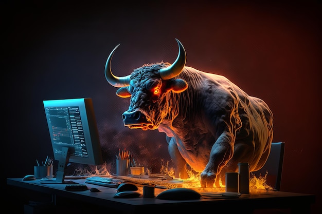 Angry Bull negociando com computador Bullish no mercado de ações e moeda criptográfica Generative Ai