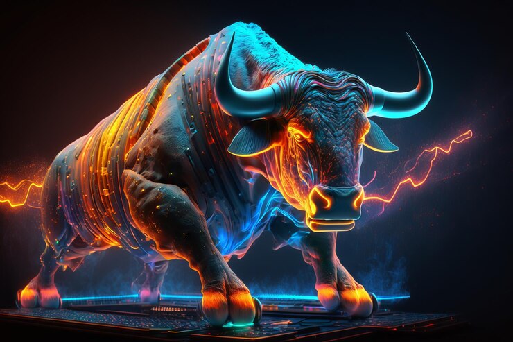 Foto angry bull negociando com computador bullish no mercado de ações e moeda criptográfica generative ai
