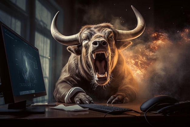 Angry Bull negociando com computador Bullist no mercado de ações e moeda criptográfica