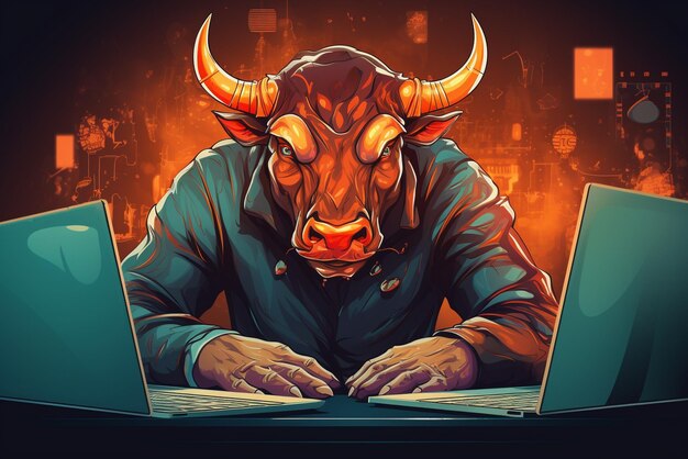 Angry Bull operando con computadora Bullist en el mercado de valores y moneda criptográfica