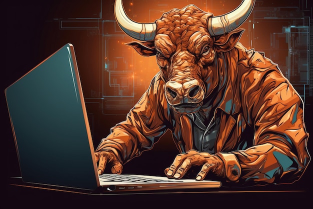 Angry Bull operando con computadora Bullist en el mercado de valores y moneda criptográfica