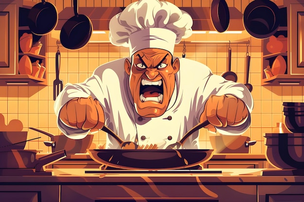 Foto angry chef cartoon mit klappernden töpfen und pfannen in einer warmen küchenszene vektorillustration