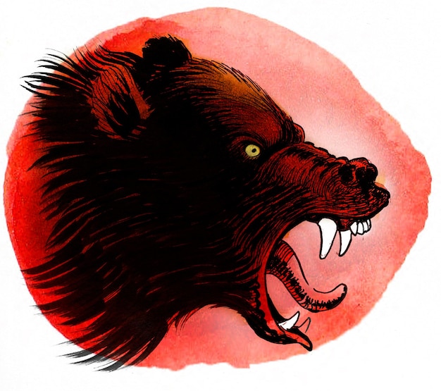 Angry Grizzly Bear Handgezeichnet in Vintage-Stil mit Tinte und Aquarell