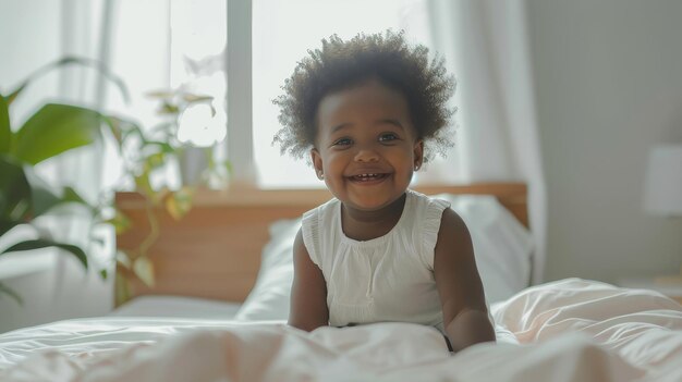 Angry Little Black Baby Girl sentada en la cama y sonriendo en el dormitorio en casa Anuncio de pancarta con un niño lindo posando panorama interior con espacio para copiar su texto