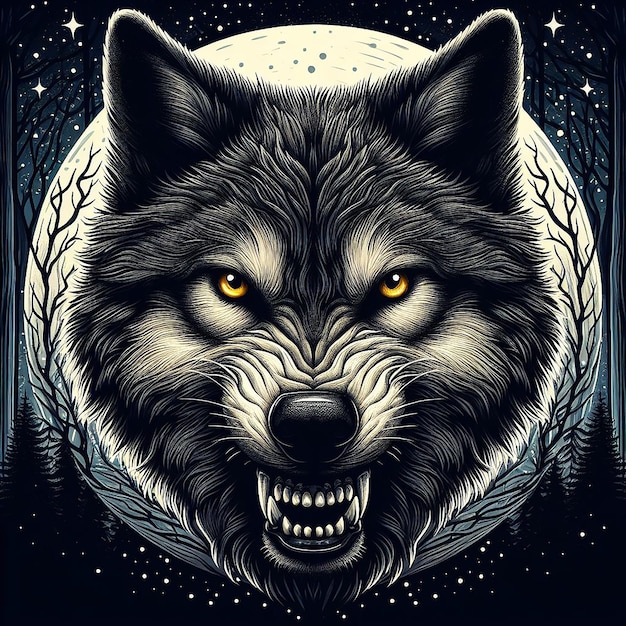 Angry Wolf farbenfroher Kopf schwarz-weiß Hintergrund von KI generiert