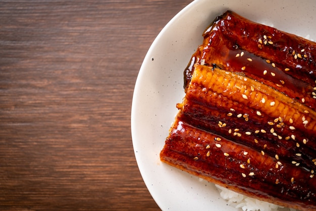 Anguila japonesa a la plancha con cuenco de arroz o Unagi don. Estilo de comida japonesa