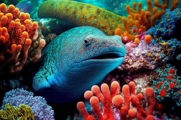 La anguila moray amarilla azul flota entre hermosos corales rojos y naranjas bajo el agua