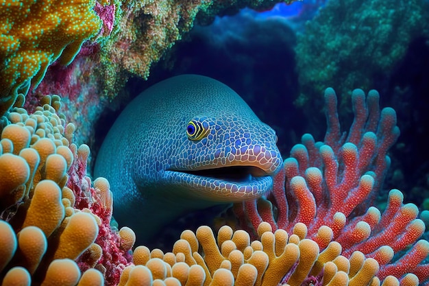 Anguila morena escondida en una pequeña cueva submarina entre arrecifes de coral