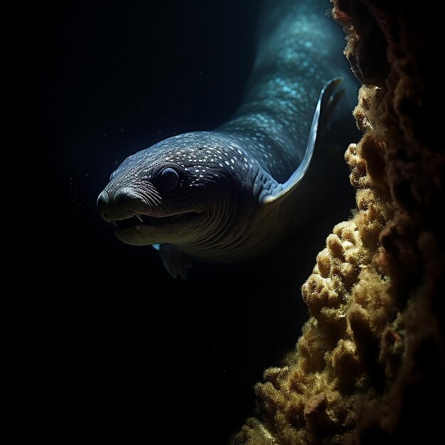 una anguila morena furtiva cazando presas en una grieta oscura