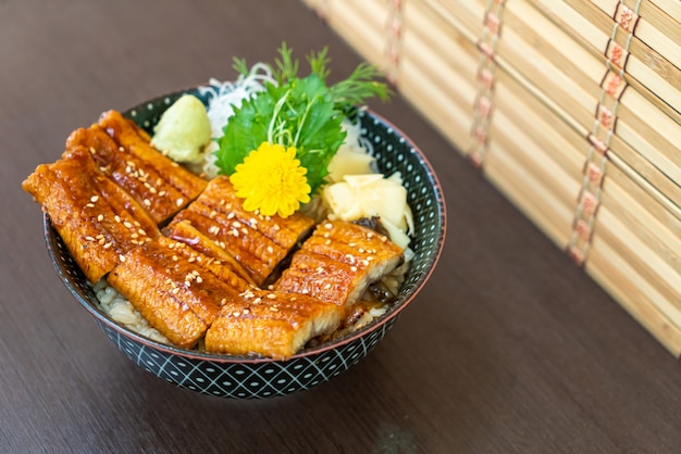 anguila (Unagi) en un tazón de arroz cubierto (donburi)