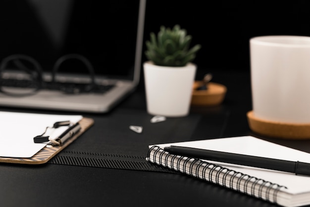 Ángulo alto de desktop com laptop desfocado e planta suculenta
