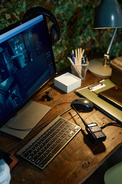 Ángulo alto del lugar de trabajo del oficial militar con monitor de computadora