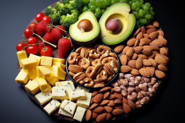 Foto Ángulo alto del plato con comida de dieta ceto y un vaso de agua con limón