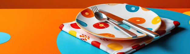 Un ángulo dinámico capturando un brunch casual colocando plato cuchillo y tenedor en una servilleta estampada colores vibrantes en el enfoque contra un fondo minimalista limpio amplio espacio en