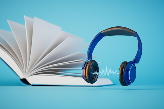 Anhören von Hörbüchern, offenes Buch und Kopfhörer auf blauem Hintergrund 3D-Rendering