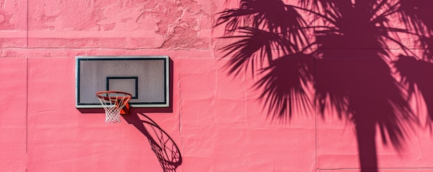 Anillo de baloncesto contra la pared rosa con la sombra de la palmera