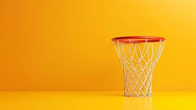 Foto anillo de baloncesto naranja sobre un fondo amarillo el anillo está hecho de metal y tiene una red blanca el fondo es de color sólido