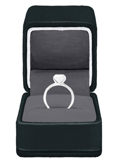 Anillo de boda de diamantes png caja de terciopelo negro ilustración fondo transparente