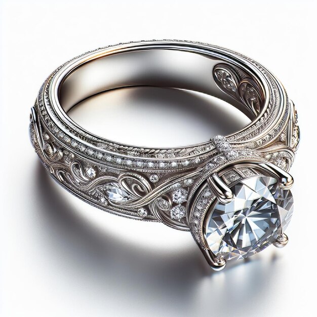 Foto anillo de bodas con diamantes sobre un fondo blanco joyas