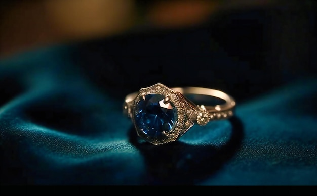 Anillo de bodas de diamantes en tela azul oscuro