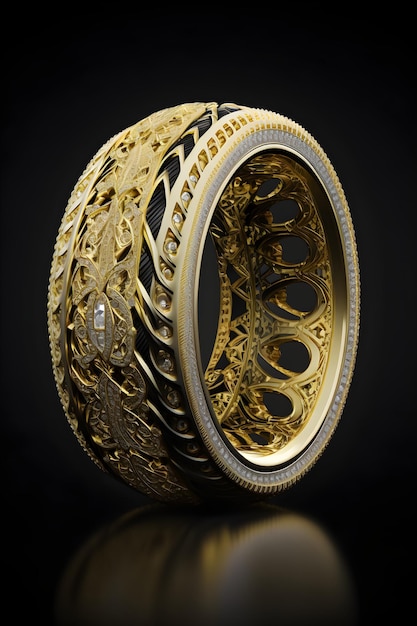Un anillo de bodas dorado y blanco se muestra sobre un fondo negro.