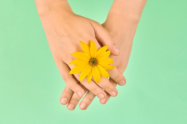 Anillo de bodas de flores amarillas joyas en muñecas de mujer girasol en manos femeninas sobre fondo verde