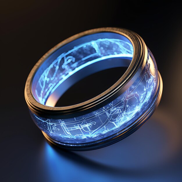 Anillo de bodas con luces azules sobre un fondo oscuro