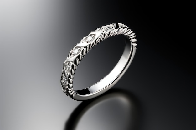 El anillo de bodas de una mujer de diamante esbelto y liso brilla con una fotografía profesional clara.