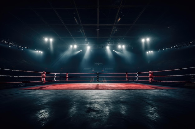 Anillo de boxeo con cuerdas rojas y focos en una habitación oscura Anillo de boxeo épico vacío en el centro de atención en la noche de la pelea Generado por IA