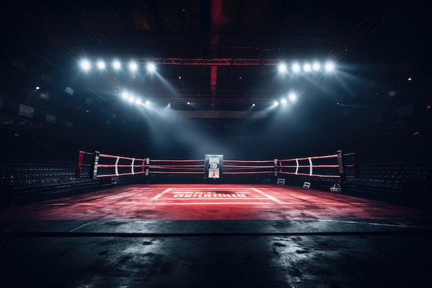 Anillo de boxeo en una habitación oscura con luces brillantes y humo Anillo de boxeo épico vacío en el centro de atención en la noche de la pelea Generado por IA