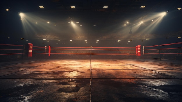 anillo de boxeo oscuro en el interior vacío del gimnasio renderización 3D