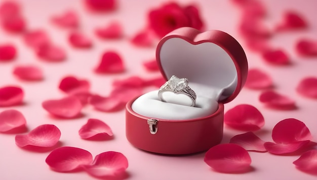 un anillo en una caja en forma de corazón con flores