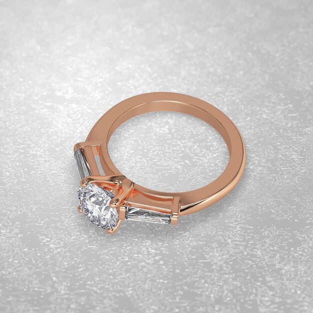 Anillo de compromiso de 3 piedras en posición acostada en render 3D de oro rosa