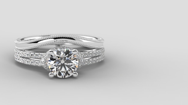 Anillo de compromiso con alianza de boda 3d render en oro blanco