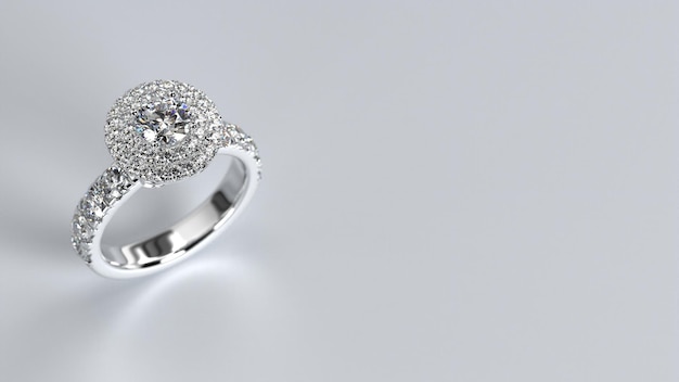 Foto anillo de compromiso con alianza de boda 3d render en oro blanco