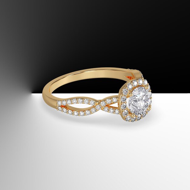 Anillo de compromiso de catedral de diamantes redondos con piedras laterales en criss cross shank 3d render