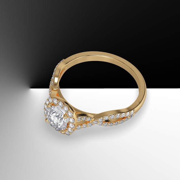 Anillo de compromiso de catedral de diamantes redondos con piedras laterales en criss cross shank 3d render