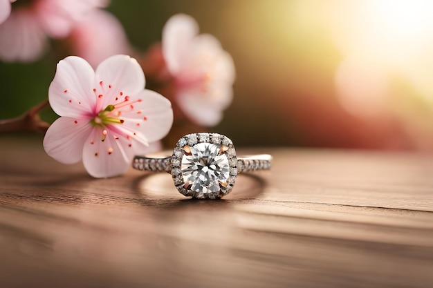 Un anillo de compromiso de diamantes descansa sobre una mesa de madera con un fondo de flores de cerezo.