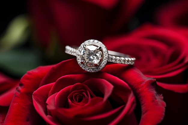 Anillo de compromiso de diamantes con una rosa roja.