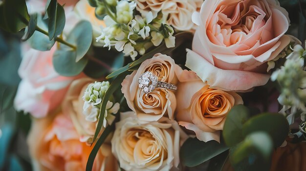 Un anillo de compromiso con un gran diamante se encuentra en el centro de un ramo de rosas