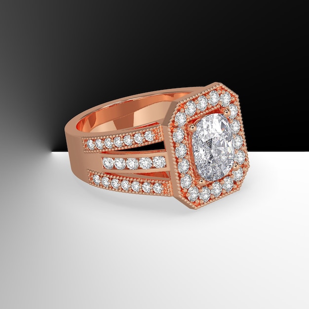 Anillo de compromiso con halo de diamante central de talla cojín con piedras de 3 líneas en el vástago 3D Render