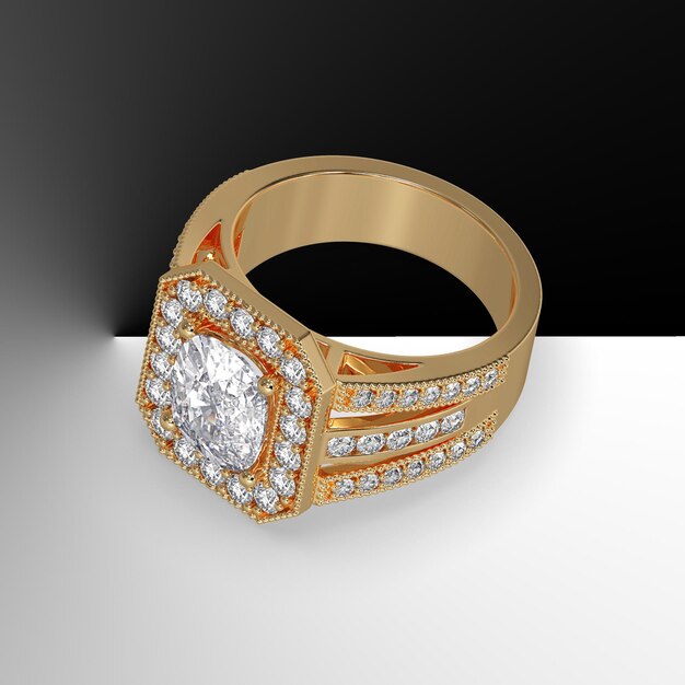 Anillo de compromiso con halo de diamante central de talla cojín con piedras de 3 líneas en el vástago 3D Render